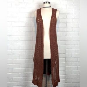 Moral Fiber Brown Pointelle Knit Longline Crochet Sleeveless Boho Cardigan small